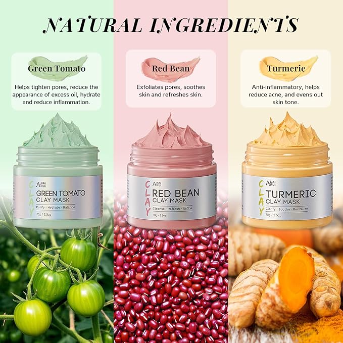 ANAI RUI 3 Pcs Pore Cleansing Face Mask Set Green Tomato Clay Mask - Turmeric Vitamin C Facial Mask Red Bean Refreshing Pore Mask, Relaxing Spa Gift Set Self Care for Women/Teens Girls 2.5 oz each