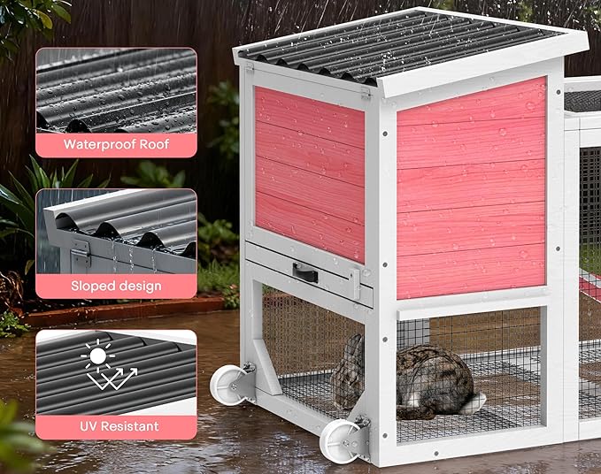 2-Story Rabbit Hutch, Insulated Bunny Hutch w/Chew-Proof Ramp & Wheels, Indoor/Outdoor Bunny Cage w/Leak-Proof Trays and Openable Waterproof Roof for Guinea Pig, Pink