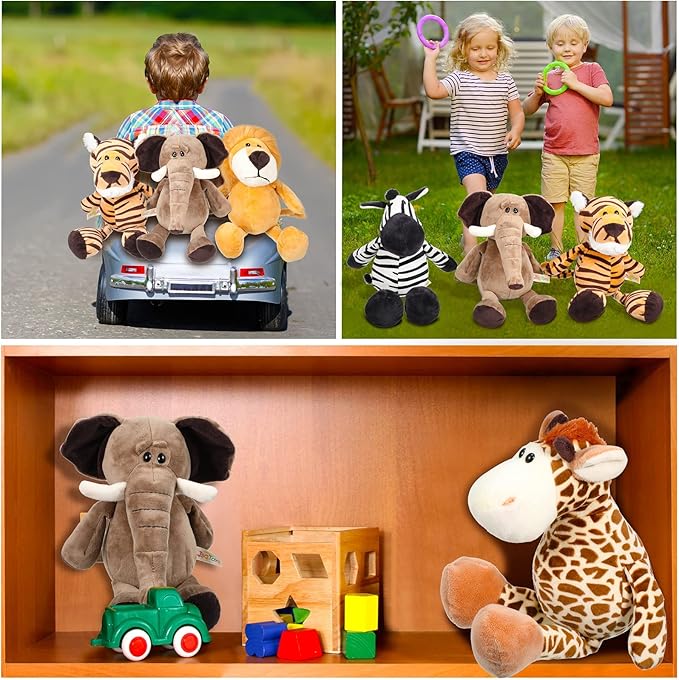 18 Pcs Safari Stuffed Animal, Plush Jungle Animal Toys for Girls Boys, 11.8'' Giraffe Lion Zebra 9.8'' Tiger Monkey 9'' Elephant for Adopt a Pet Party Favor Birthday Gifts Class Award