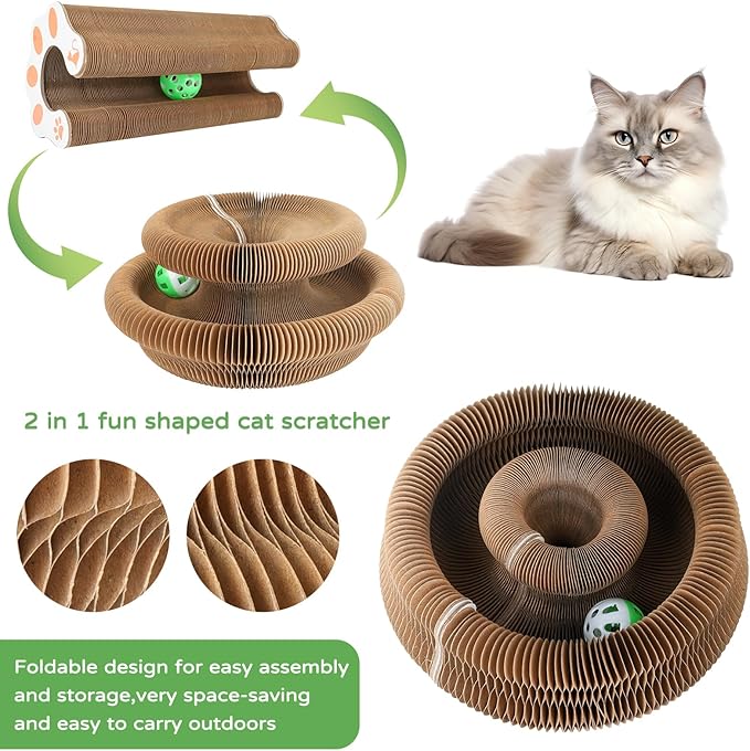 Accordion Magic Organ Cat Scratcher Toys for Indoor Cats - Cardboard Cat Scratching Board Ball Scratcher Pad 3 Pack