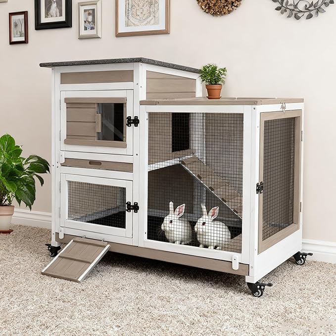 40" L Rabbit Hutch Indoor Wooden Bunny Hutch Outdoor 2 Story Rabbit Cage on Metal Wheels with Run and 2 Deeper Pull Out Trays Guinea Pig Pet House for Small Animals