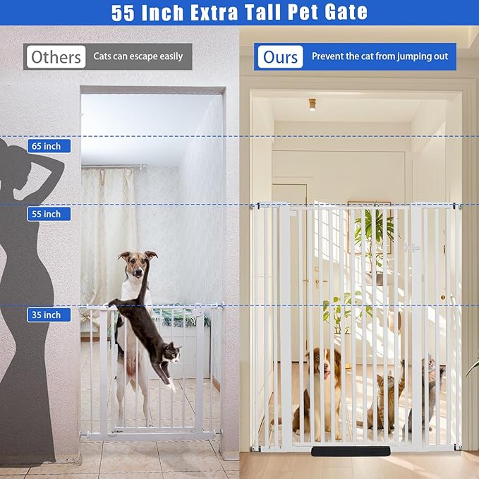 55 Inch Extra Tall Pet Gate for Cats,29.92"-43" Adjustable Wide Dog Gates,Pressure Mounted Walk Through Tall Pets Gate for Doorways,Hallway,Stairs(White)