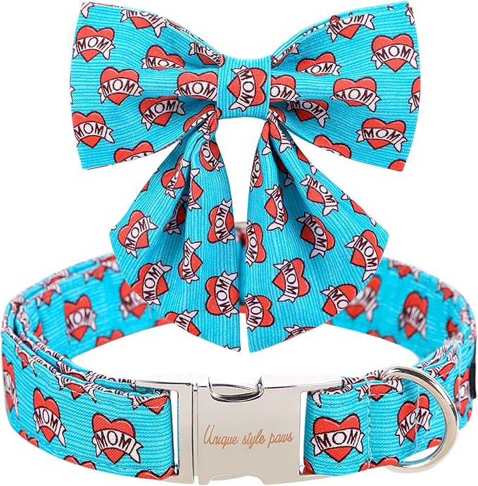 Unique style paws Valentine's Day Dog Collar with Tie Blue Heart Puppy Collar Best Gift for Small Medium Large Boys Girls-L