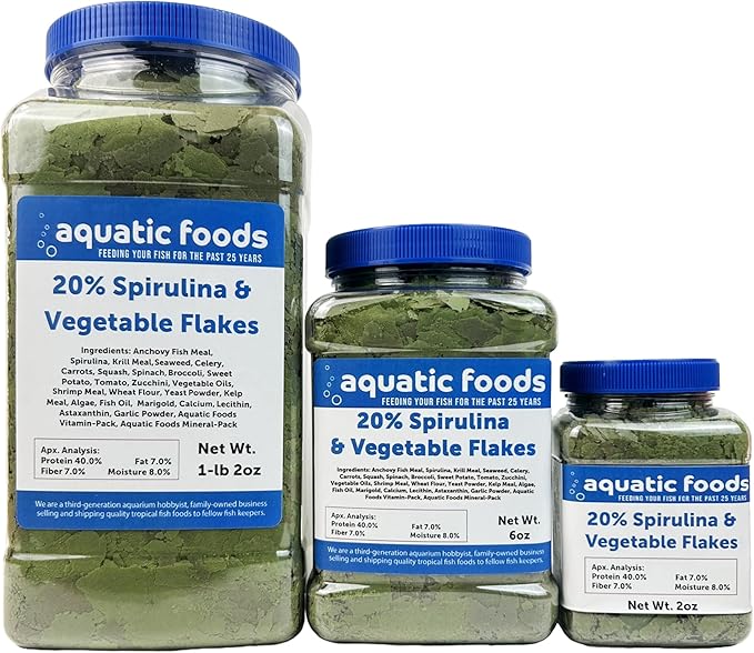 Aquatic Foods Inc. Premium Spirulina & Vegetable Flakes with 20% Spirulina for African Cichlids, Angle Fish, All Tropical Fish Also Pellet Mix, Wafer Mix Included…2oz