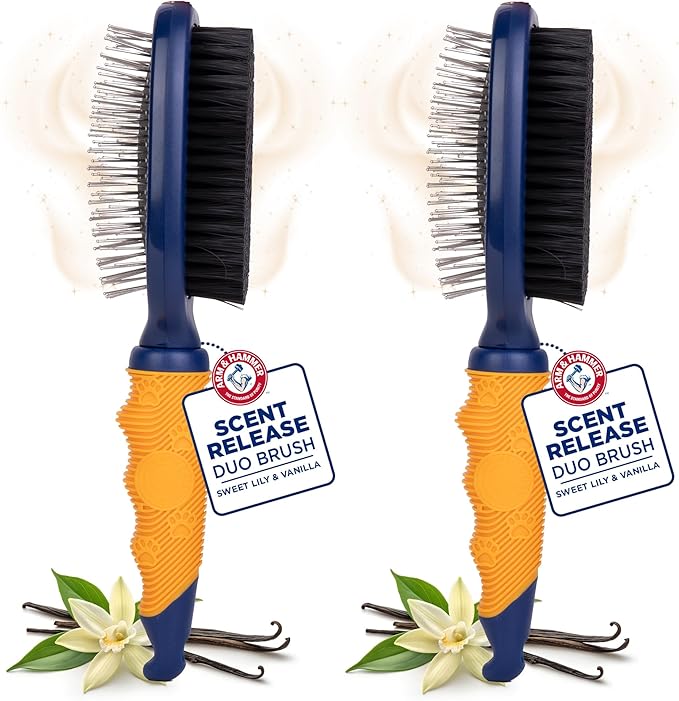 Arm & Hammer Deodorizing Pin & Bristle Dog Grooming Brush with Fragrance Transfer Technology – Scented 2-in-1 Dog Brush for Detangling & Shedding, Pet Brushes for Dogs, Sweet Lily & Vanilla - 2 Pack