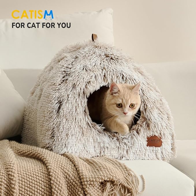 CATISM Cat Bed, Cat Cave for Indoor Cats, Soft Cat Dome, Self-Warming 2 in 1 Foldable Pet Cat House with Washable Cushioned Pillow Calming Fluffy Dog Beds for Small Dogs with Anti-Slip Bottom Brown L