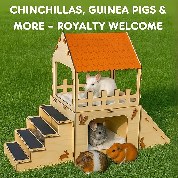 Extra Large Bunny Hideout, Cozy Rabbit Castle with Fleece Mats, Wooden Rabbit Hideout, Bunny House Indoor Indoor, Chinchilla, Guinea Pig House
