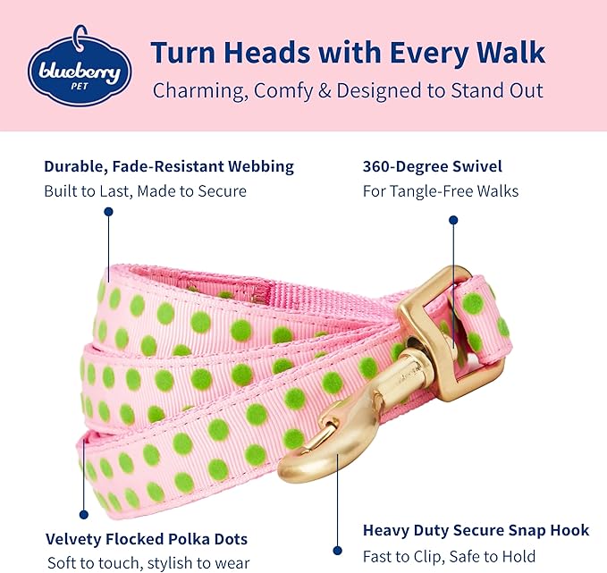 Blueberry Pet Valentine's Day Dog Leash, Velvety Soft-Touch Heart Flocking Lead for Medium Dogs, Baby Pink, 5 ft x 3/4"