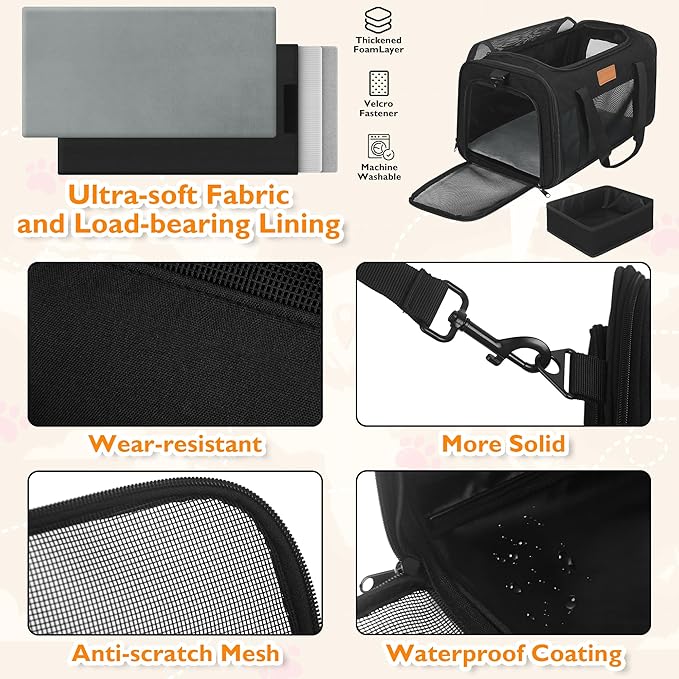PETUX Airline Approved Cat Carrier or Small Cat up to 12 lb - 17"x11"x9.5", TSA, Underseat, Top & Side Entry Pet Carrier with Breathable Anti-Scratch Mesh & Litter Box for Travel and Vet Visit - Black