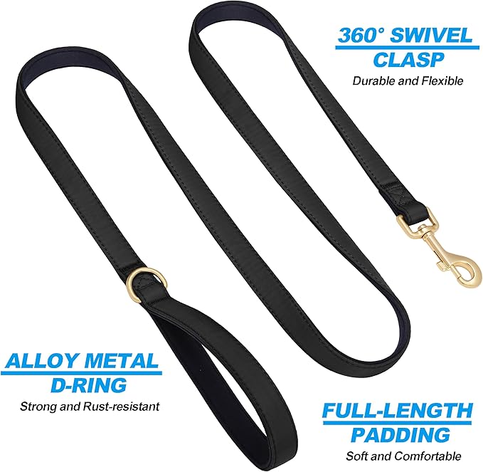 Didog 5FT Colorful Nylon Dog Leash with Soft Full-Length Padding, Lightweight and Durable Pet Leash for Medium and Large Dogs, Black, M