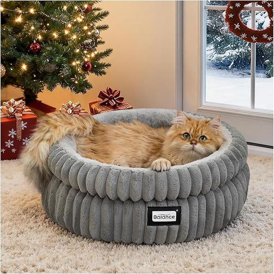 BALANCE Cat Bed Kitten Bed, Washable Round Cat Beds for Indoor Cats, Super Soft Plush Faux Fur Pet Bed for Puppy and Kitten with Anti-Slip Bottom