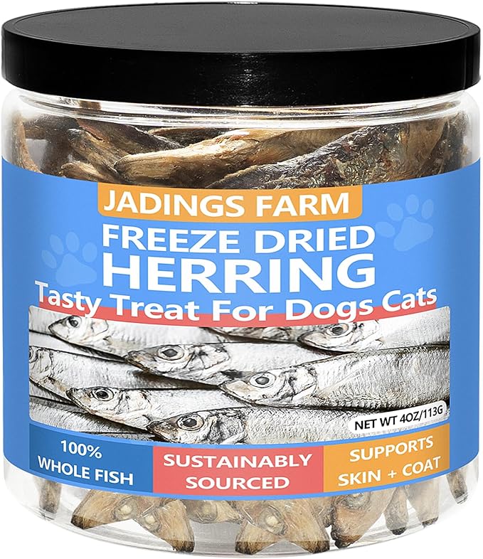 Herring Fish Dog Treats, Freeze Dried, Wild-Caught, Single Ingredient, High-Protein, Omega 3 & 6 for Skin & Coat, No Additives, Grain-Free Cat & Dog Treats (4.0 oz)