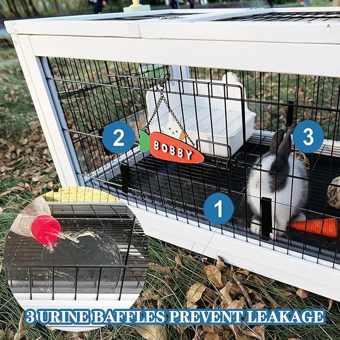 Rabbit Hutch Indoor Outdoor Rabbit Cage Bunny Hutch with Casters, Urine Baffles Bottom Wire Floor Leakproof Tray Metal Feeder Openable Roof