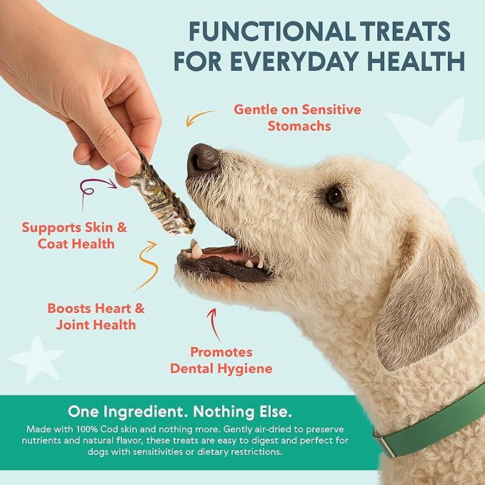 Eli Cod Skin Fingers – A Natural, Crispy Fish Skin Stick Treat for Dogs, High in Protein and Omega-3, Ideal for Teeth Cleaning, Single Ingredient, Grain Free, Gluten Free, Air Dried – 3 oz