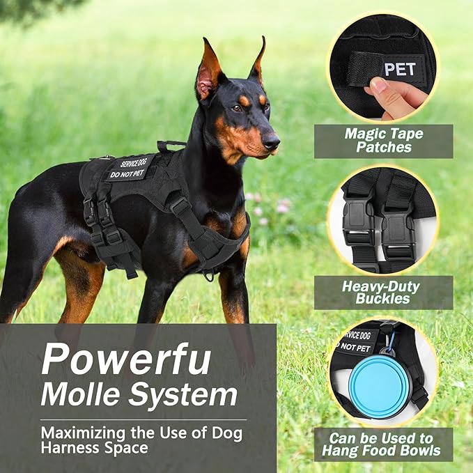 No Pull Tactical Dog Harness for Large Dogs, Escape Proof Molle Dog Vest Harness and Leash Set, Adjustable Military Service Dog Harness with Handle for Medium Large Dogs(Black, L)