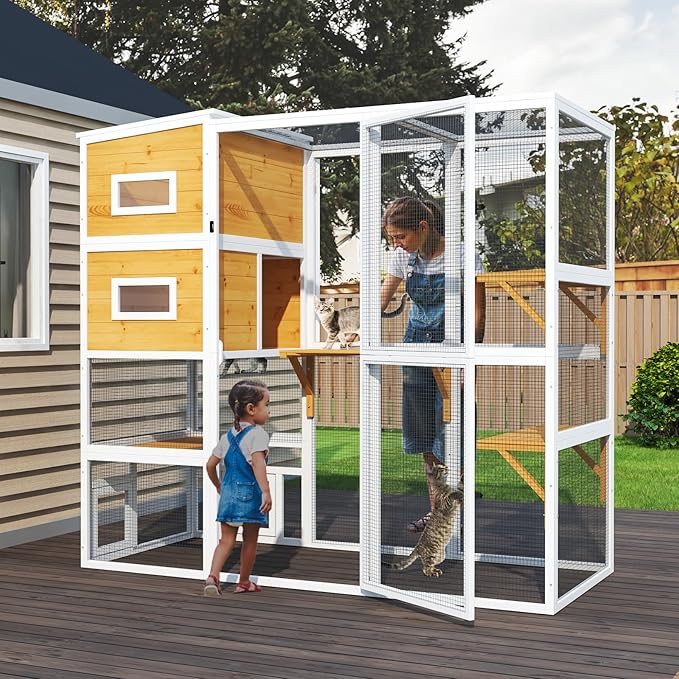 Catio Outdoor Cat Enclosure, Large 4 Tiers Cat Catio Connect to Window for Outdoor Indoor Cats with Weatherproof Roof, Resting Rooms, Platforms, Large Door, 76" L x 32.9" W x 70.8" H, White
