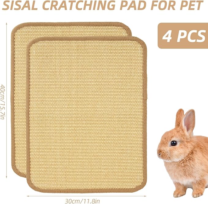 4PCS Rabbit Scratching Pad 16 x 12 Inch, Natural Sisal Bunny Scratching Pad, Rabbit Scratch Mat, Claws and Teeth Care Mats for Biting Sleeping Nesting Small Animal Bedding Chew Toys