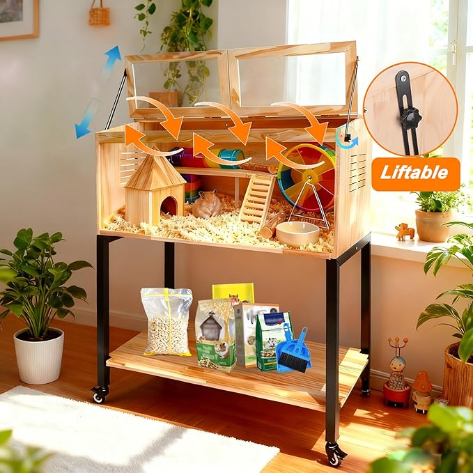 Wooden Hamster Cage with Storage Shelf, Hamster Cage, Pine, Guinea Pig Cages, 31.5' L× 15.7' W × 38 ' H, Large Animal Cages with Storage Shelf for Guinea Pig,Chinchilla,Rat, Bunny,etc.