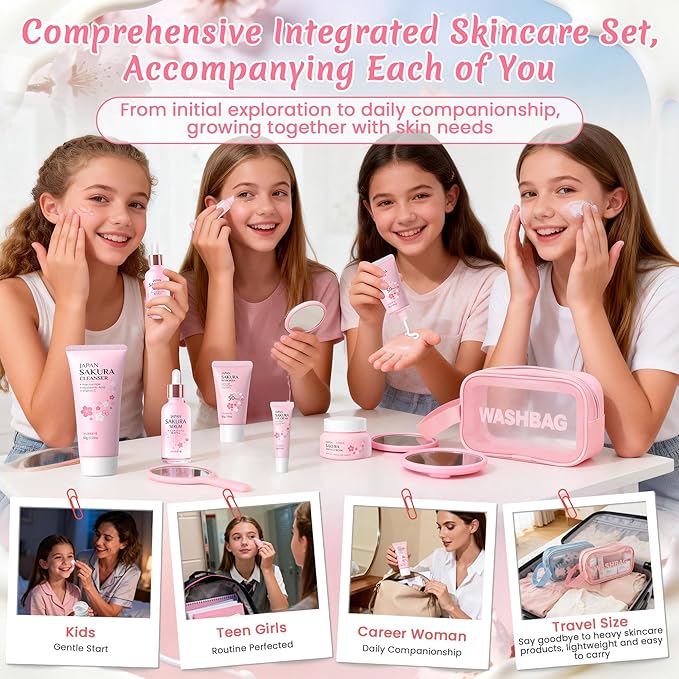 Sakura & Milk Skincare Set for Teens & Kids, 15 PCS Complete Day & Night Face Routine Kit for Girls & Office Worker, Hydrating, Shrink Pores, Perfect Gift Set for Self Care, Birthday, Party