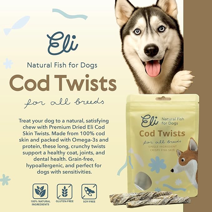 Eli Cod Skin Twists – A Natural, Crunchy Dog Treat Made from Twisted Cod Skins, High in Protein and Omega-3, Ideal for Teeth Cleaning, Single Ingredient, Grain Free, Gluten Free, Air Dried – 2 Pack