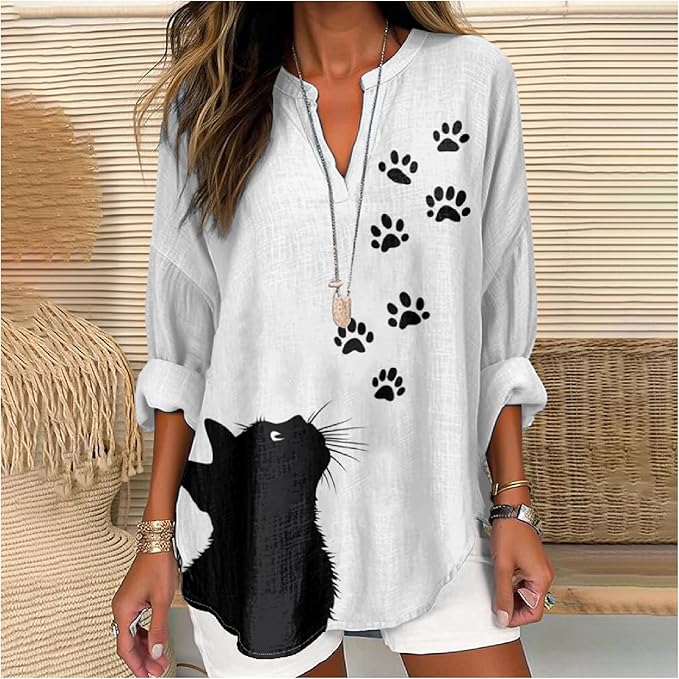 MARSVOVO Cat Shirts for Women Long Sleeve Cute Cat Pullover Graphic Novelty V Neck Blouse Oversized Funny Tunic Tops
