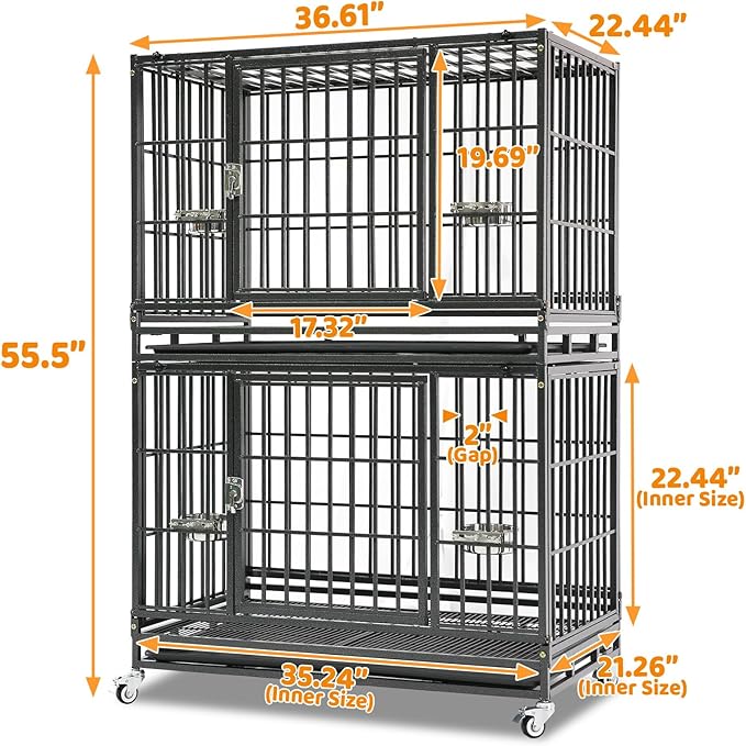 Homey Pet Two Tiers 37 Inch Dog Crate Cage Kennel with Feeding Bowls, Lockable Wheels and Removable Tray, Escape Proof Metal Wire Heavy Duty Dog Crates for Medium/Small Sized Dogs (6 Pack)