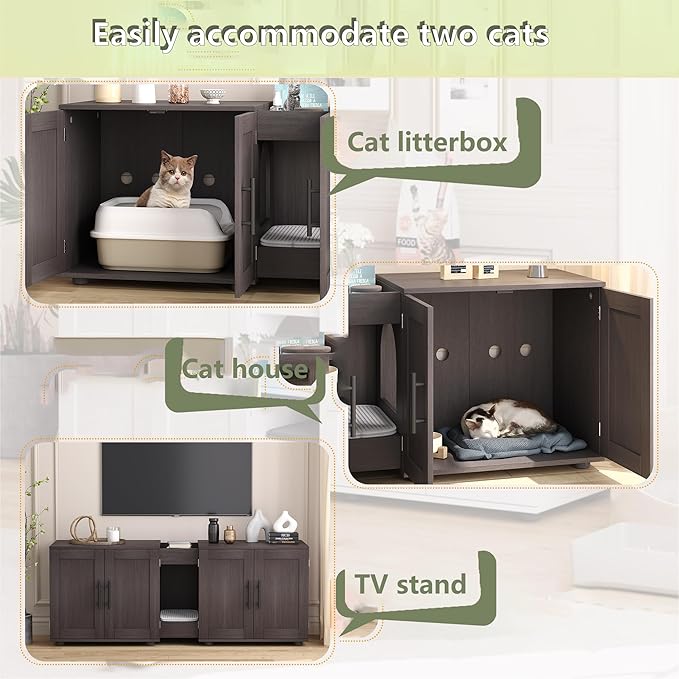 Cat Litter Box Enclosure Furniture for 2 Cats, 55" Large Hiddden Cat Litter Box Enclosure Furniture 3-IN-1 Wooden Cat Litter Cabinet with Barn Door & Double Rooms for Bedroom Living Room, Walnut