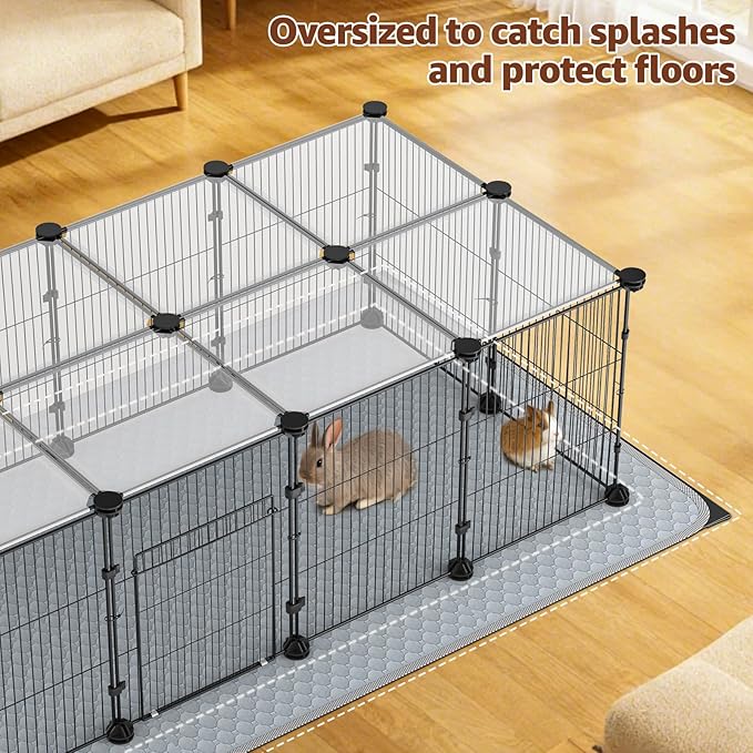 Tinnmao Rabbit Starter Kit, 20 Panels Small Animal Playpen with Top Cover, Waterproof Base Mat + 2 Washable Pee Pads + Litter Box, Indoor C&C cage for Guinea Pigs Bunny Accessories (Black Metal Frame)
