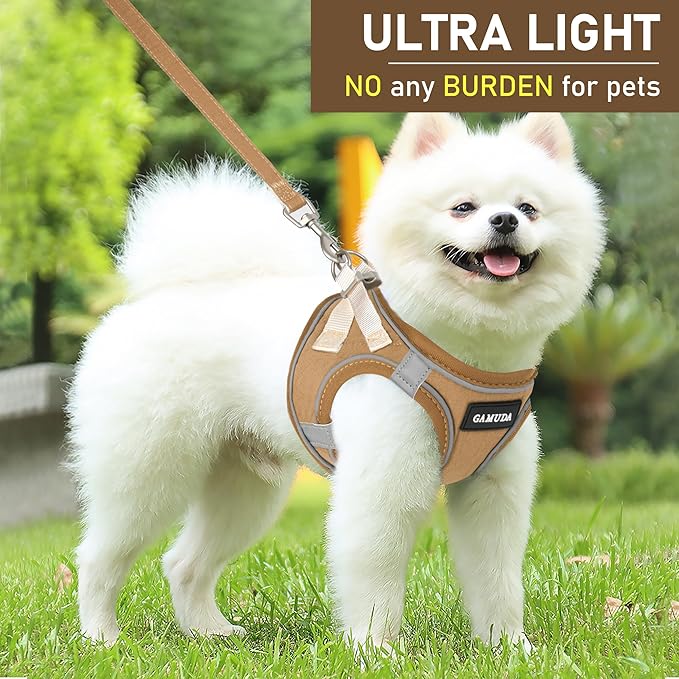 GAMUDA Small Pet Harness Collar and Leash Set, Step in No Chock No Pull Linen Fabric Soft Mesh Dog Vest Harnesses Reflective for Dogs Puppy Cats Kitten Rabbit (Brown, M)