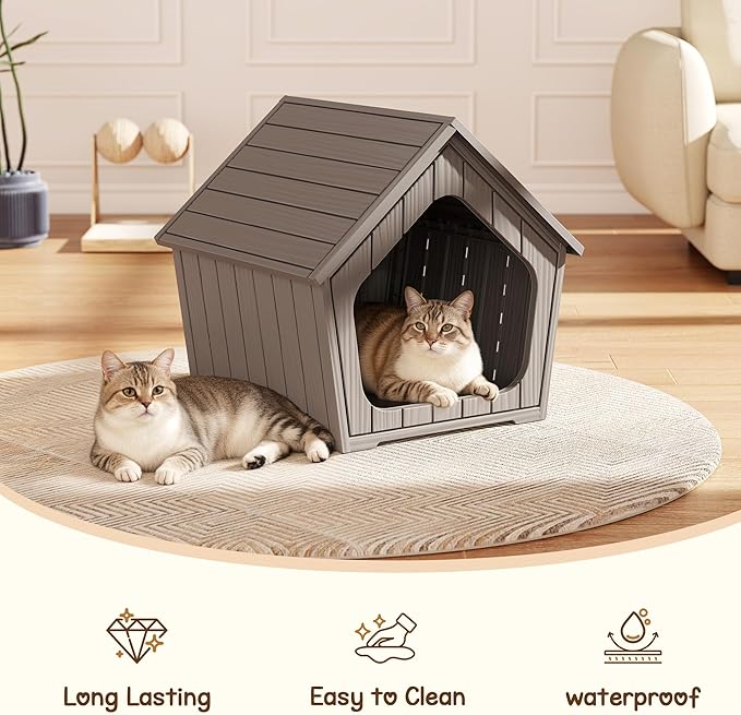 Outdoor Cat House Weatherproof, Plastic Cat House with Wide Entry, Feral Cat Shelter for Porch, Garden, Backyards, Garage, Neighborhood, Indoor(Gray)