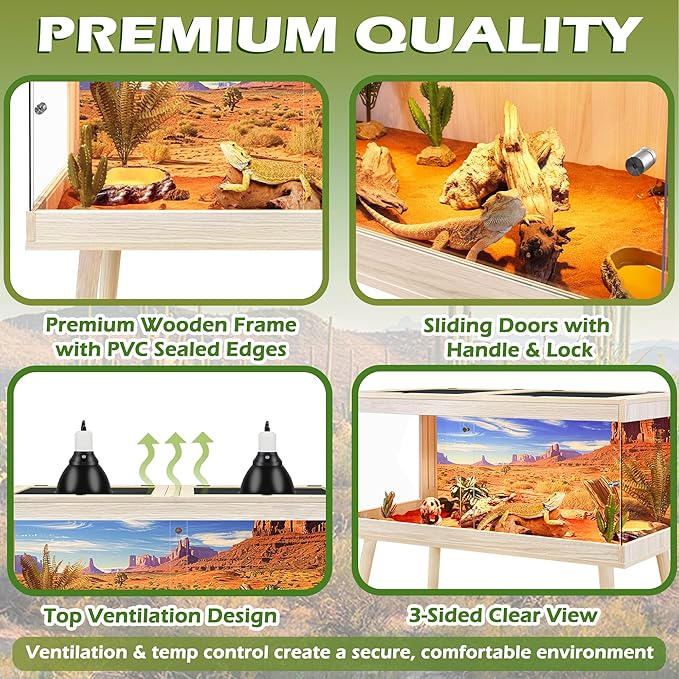 ROYXEN Bearded Dragon Tank with Leg Stand,Tempered Glass Reptile Tank with Metal Mesh Top, 3-Side Clear Anti-Scratch Glass Lizard Tank,Snake Tank for Reptile Habitat (Oak, 82Gallons,48" Length)