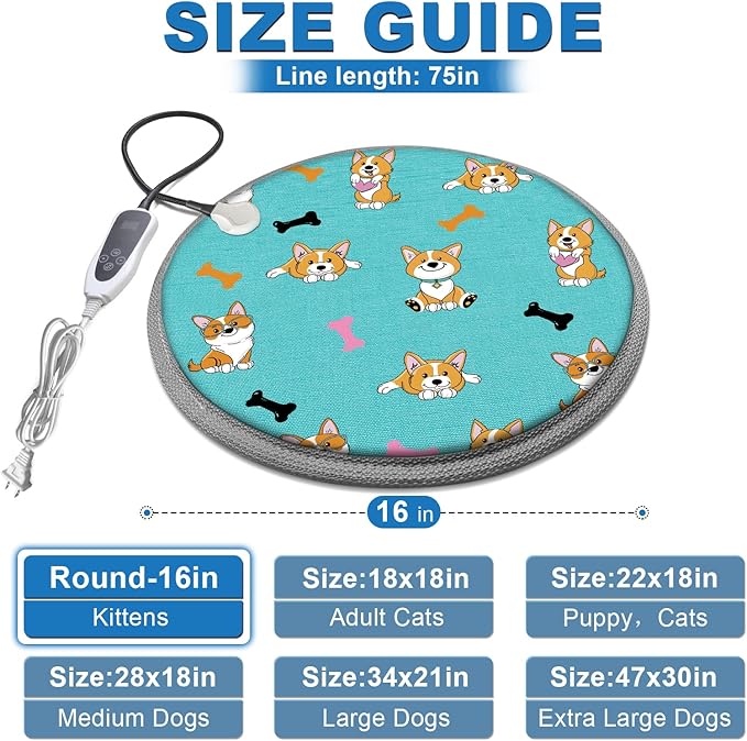 Cat Heating Pad Round-D16in Pet Heating Pads for Cats Waterproof Smart Thermostat Switch, Adjustable Heated Cat Bed,Adding Wire Rope Wires -Blue