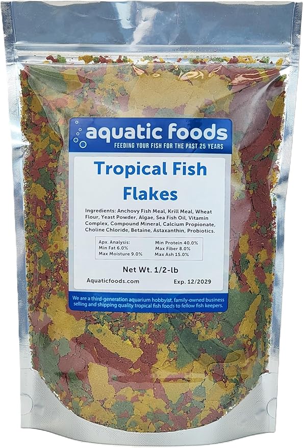 Aquatic Foods Inc. Premium Community Tropical Fish Flakes. All-Around Flakes for Tetras, Livebearers, Anglefish, Cichlids, Goldfish, Guppies 2-Type Pellet Mix & 4-Type Wafers Included...1/2-lb Bag