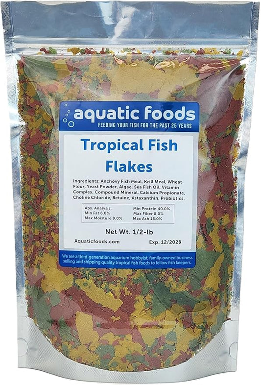 Aquatic Foods Inc. Premium Community Tropical Fish Flakes. All-Around Flakes for Tetras, Livebearers, Anglefish, Cichlids, Goldfish, Guppies 2-Type Pellet Mix & 4-Type Wafers Included...1/2-lb Bag