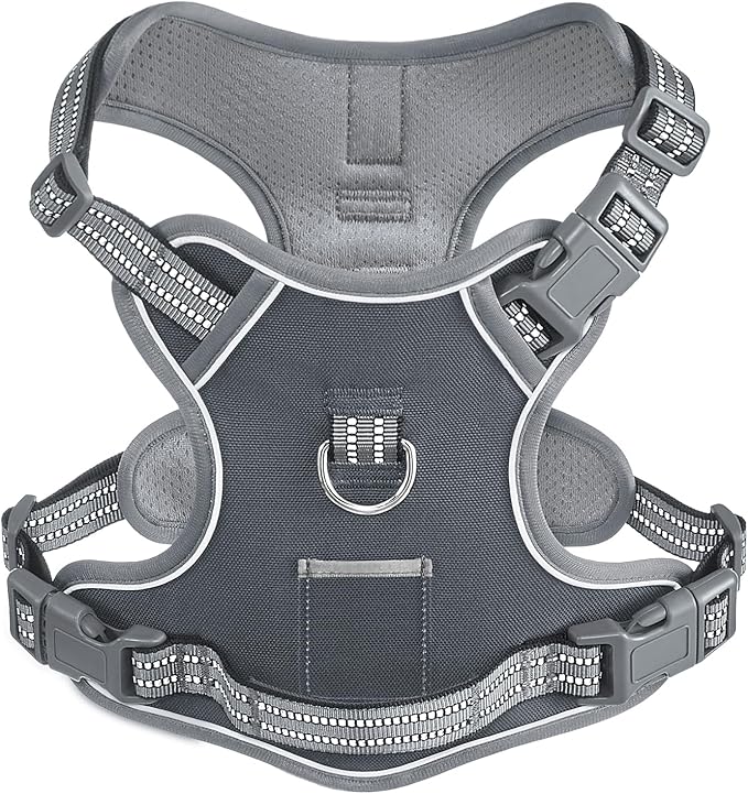 Non Pulling Dog Harness for Medium Dogs, Adjustable Reflective Harness Vest with Handle, for Working Training Hiking Walking, Escape Proof Gray Pet Vest for M Sized Dog