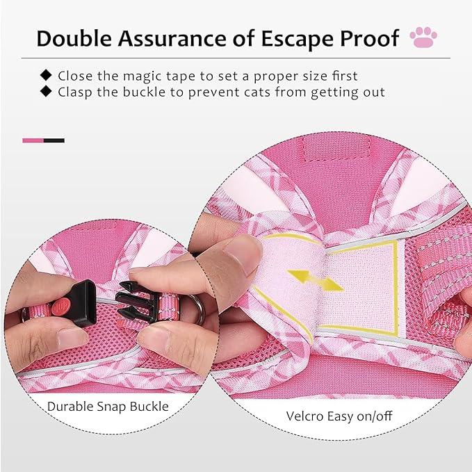 Cat Harness and Leash Set for Walking, Escape Proof Adjustable Soft Mesh Kitten Harness with Reflective Strips, Breathable No-Choke Pet Vest for Large Cats or Small Dogs(Pink,L)