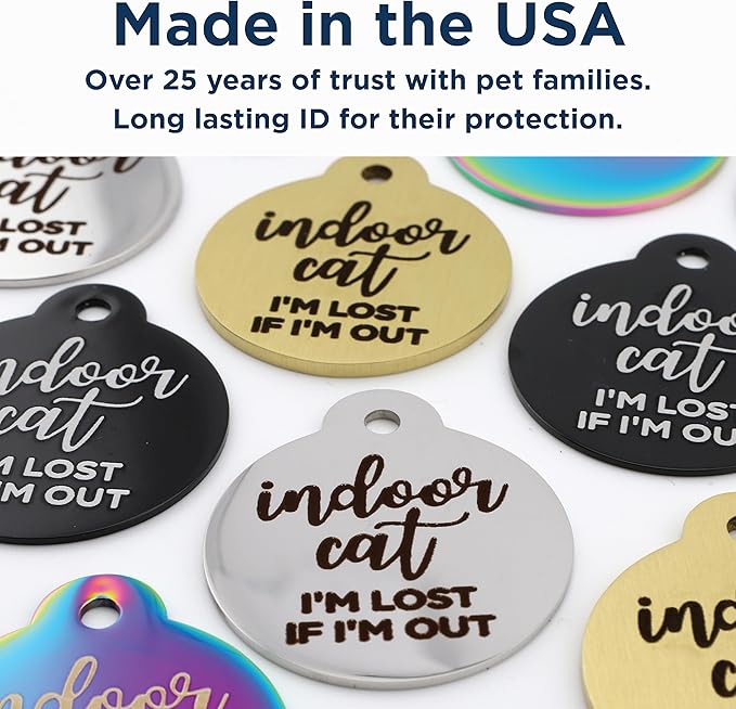 GoTags Personalized Small Indoor Cat Tag - Engraved with 4 Lines of Custom ID - Rose Gold Stainless Steel Round Pet ID Tag