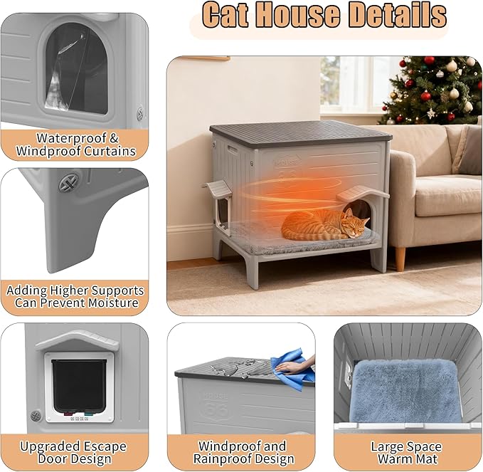 Plastic Cat House Outdoor - Feral Cat Houses with Escape Door, Waterproof Outdoor Cat House for Feral Cats, Outside Cat Shelter for with Soft Mat, Assemble Easily