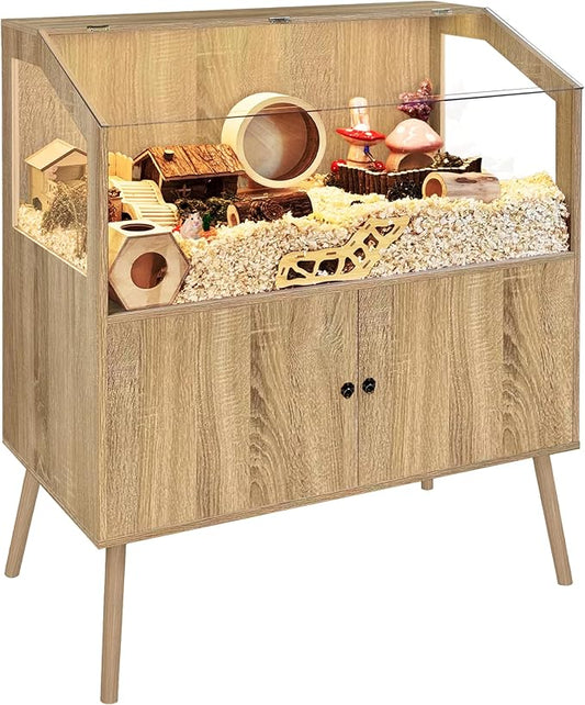 PROLEE Hamster Cage with Storage Cabinet,Large Hamster Encloure Chew Proof Wood,Clear View Hamster Habitat for Guinea Pig, Ferret, Rat, Hedgehog, 40" L x 20" W x 47" H (White Oak)