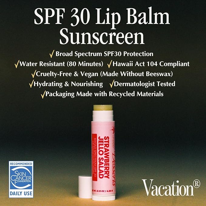 Vacation Strawberry Jello Salad SPF 30 Lip Balm, Hydrating Sunscreen for Lips, Water-Resistant, Lightweight, Transparent Sheen, Vegan Formula Made without Beeswax (Pack of 3)