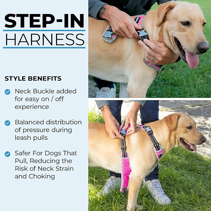 Step in Dog Harness for Extra Large Dogs, Pink, Adjustable, Easy On Off, No Pull Through Design, 2 Dog Leash Points, 3M Reflective Trim, Neoprene Padded Control Handle