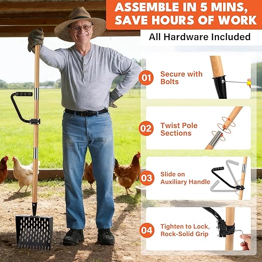 Chicken Poop Scooper for Sand, Extra Large Chicken Coop Scoop with 47" Handle & Assist Tool, 1.6mm Thick Heavy Duty Chicken Scooper for Poop, 2-in-1 Sifting Rake for Effortless Cleaning