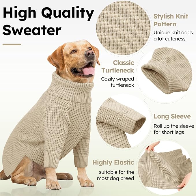 Queenmore Small Dog Sweater, Long Sleeve KnitSweater with Check Pattern, Warm Plaid Doggie Sweaters for Small Medium Dogs, Solid Pull-on Cat Knitwear, Apricot S