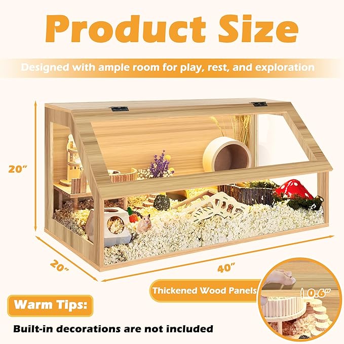 PROLEE Hamster Cage Chewproof, Sloped Mice and Rat Habitat with Clear View, Solid Built with Lockable Design and Openable Top (Oak)