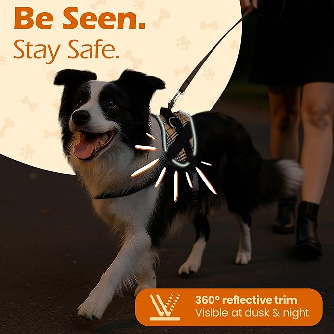 Bark Appeal Tan Plaid No-Pull Dog Harness for Extra Large Sized Pets – Adjustable, Reflective Vest with 3 Leash Clips for Added Control, Easy Walks & Training – XXL