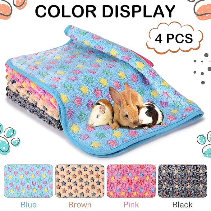 Reginary 4 Pcs Waterproof Guinea Pig Blankets Washable Small Animal Fleece Bedding Guinea Pig Cage Liners Reusable Training Pads Pet Pee Pad Sleep Mat for Hamster(Star Pattern,28 x 56 Inch)