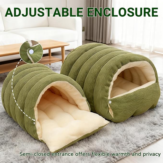 Cat Dog Cave Bed, 2026 New Winter Cave for Cat and Small Dog, Warm Plush Covered Cat House with Removable Cushion,Soft Calming Indoor Cat Bed (Green Plaid, L(20 * 16 * 11inch)