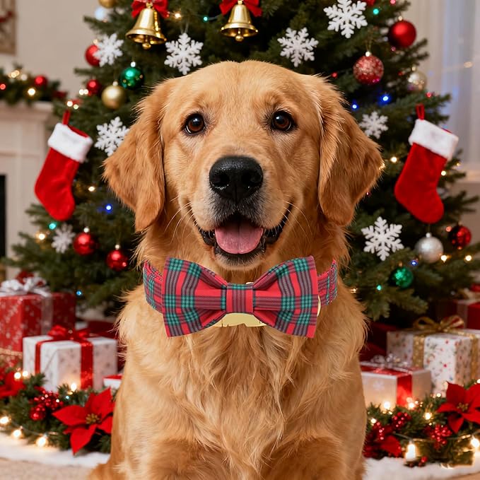 Unique Style Paws Christmas Dog Collar with Bow Red Green Plaid Cotton Puppy Collars for Small Medium Large Dogs