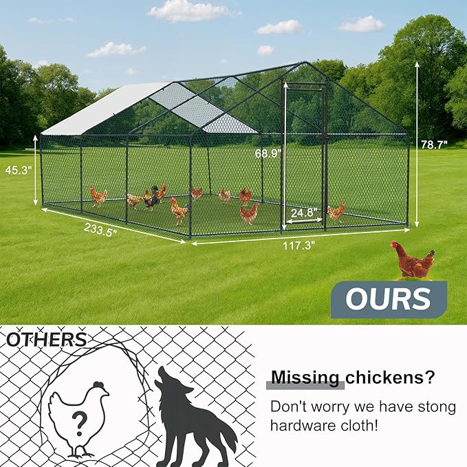 VINGLI Chicken Coop, 19.7x9.8x6.5 ft Large Metal Poultry Cage for Chicken Run, Walk-in Chicken Pen with Waterproof & Anti-UV Cover for Yard Outdoor (Black-Spire Roof)