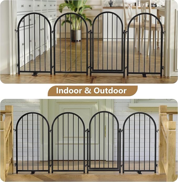 Full Metal Dog Gate with Door for Indoor Outdoor, 32" Tall Free Standing Pet Dog Fence, 72" Extra Wide Pet Gates for Stairs, Hallways, Doorways, Kitchen, Decks, Yards (Black, 4 Panels)
